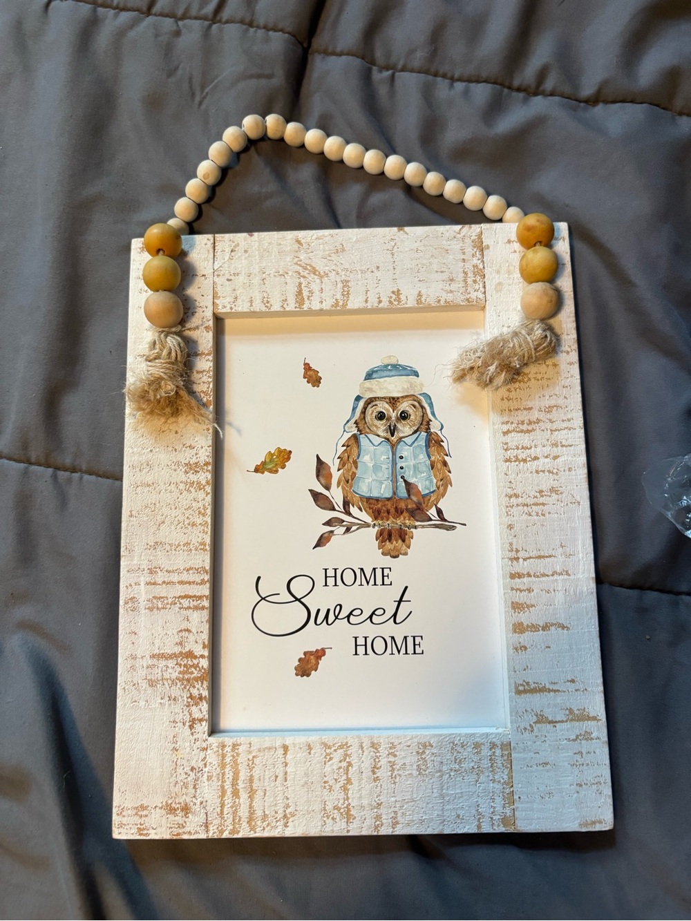 Rustic Wooden Beaded Owl Wall Sign - Cream & Light Blue